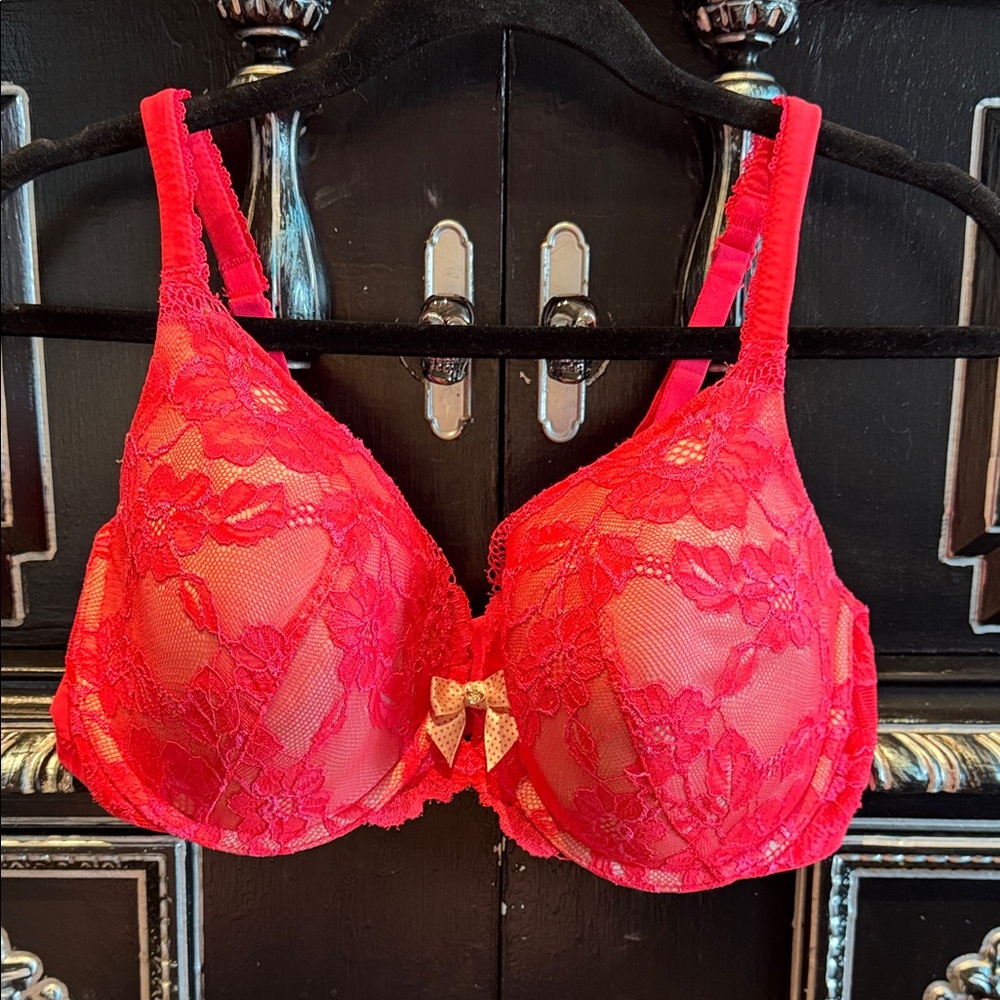 Body by Victoria Elegant Hot Pink Lace Bra 38D GUC Victorias Secret